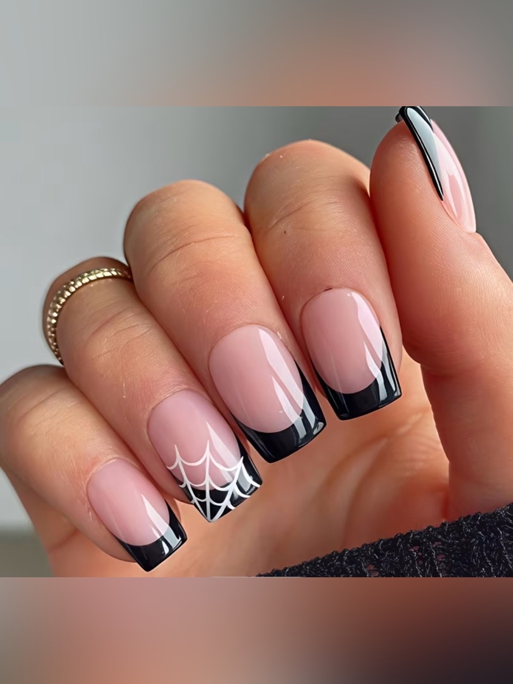Classic Black French Tip Nail Set with Spiderweb Accent - 24 Pcs